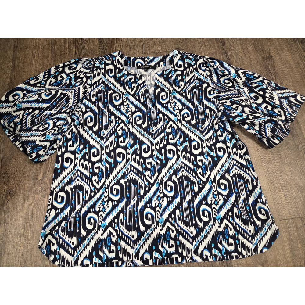 Caleesa 3/4 Sleeve Printed Blouse Top Womens Size L Navy Blue White Shirt
